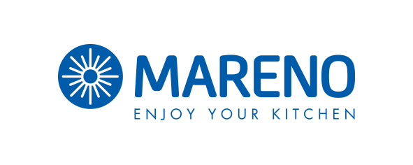 Blåa bokstäver på vit bakgrund med en snöflinga i en cirkel. Företaget Marenos Logotype.
