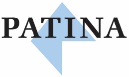 Stor svart text med Patina. Innehåller en symbol som består av tre trianglar som tillsammans bildar delar av en ljusblå kvadrat.